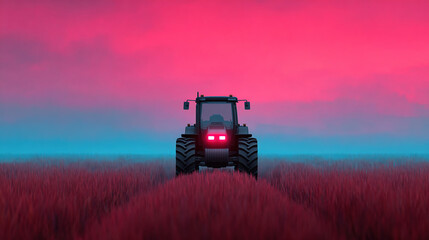Fototapeta premium A futuristic, autonomous tractor navigates a vast, emerald-green field of genetically modified crops, pulsating with bioluminescence under a neon sky