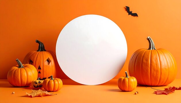 Orange background with pumpkins, a white circle, fallen leaves, and a bat silhouette, evoking a festive autumn mood