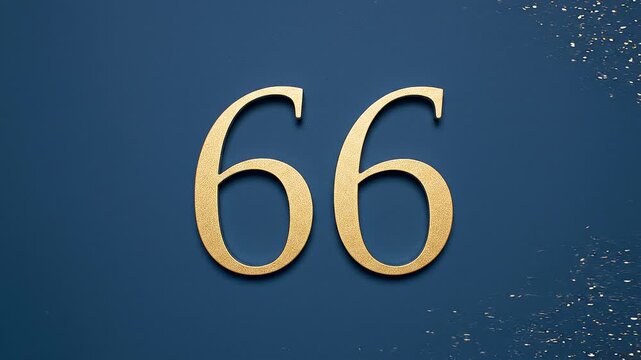 Gold Glitter Blow‑Away Reveal of Number 66 on Solid Background
