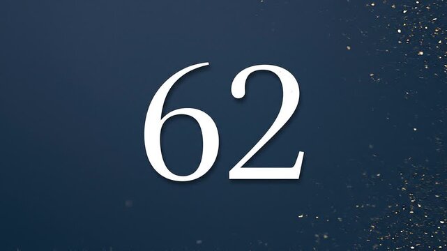 Gold Glitter Blow‑Away Reveal of Number 62 on Solid Background