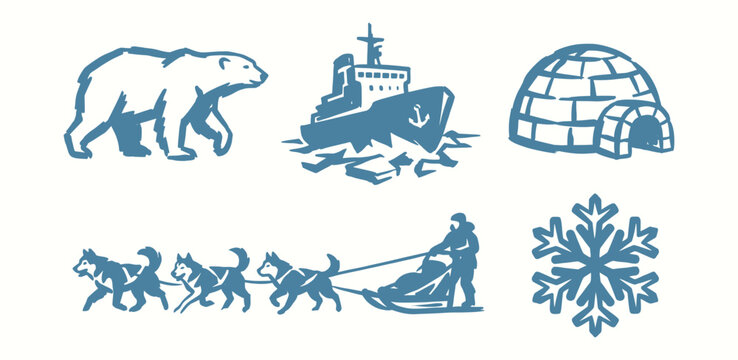 Arctic exploration icons featuring polar bear and husky dog sled for winter travel design