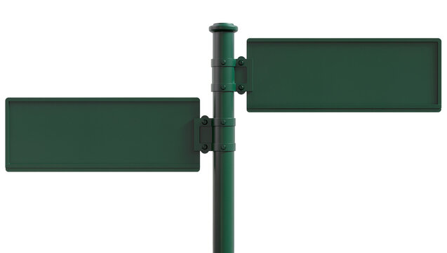 Green directional street signpost with two blank rectangular signs
