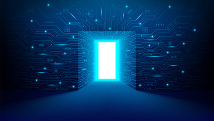 Luminous futuristic digital gateway. Vector illustration with open glowing door with circuit board lines on walls. Innovation technology concept, game design background. Portal or path to metaverse. © Yaran