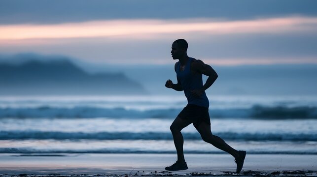 An energetic runner moves along the coast during a dramatic sunrise or sunset