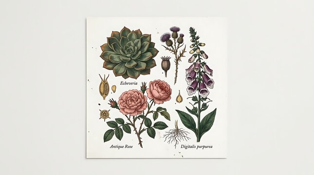Vintage botanical illustration of antique rose and digitalis flowers