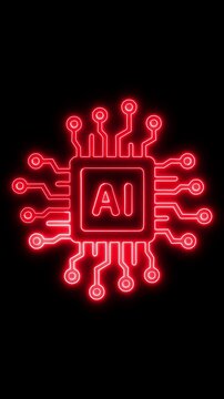 Glowing red neon AI circuit board logo on black background with technology and science elements