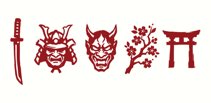 Japanese Culture Red Vector Icons featuring Samurai Warrior and Traditional Symbols