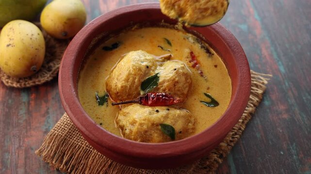 Traditional yellow mango curry or Mampazha Pulissery sweet and sour dish Kerala India . Made from organic raw ripe mango, coconut milk, seasoned with curry leaves, mustard, Indian red Kashmir chilli.