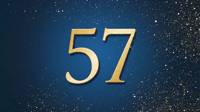 Gold Glitter Blow‑Away Reveal of Number 57 on Solid Background