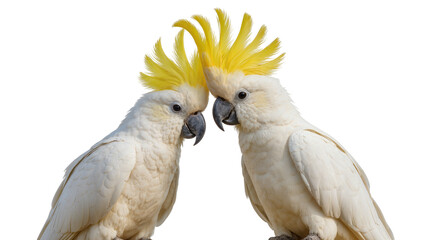 Two white cockatoos with yellow crests touching beaks © Clementine