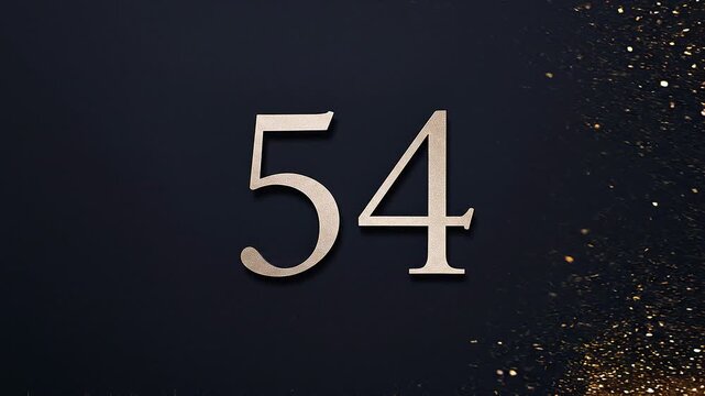 Gold Glitter Blow‑Away Reveal of Number 54 on Solid Background