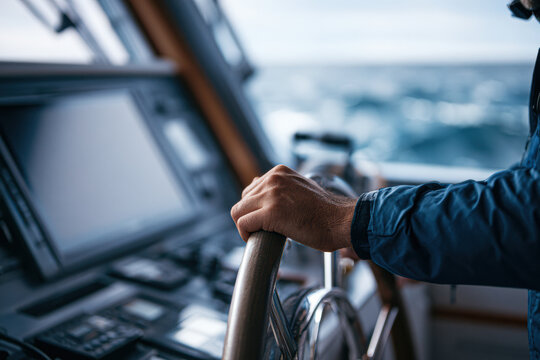A person steering a boat wheel inside the cabin, with navigation instruments and a blurred view of the sea in the background.
