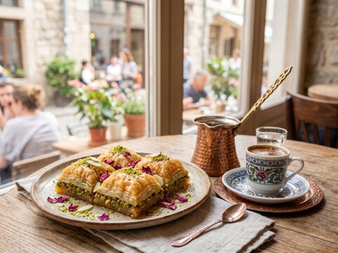 Traditional Turkish Coffee and Rich Baklava on Copper Tray by Window