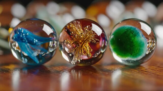 Colorful glass marbles on table.