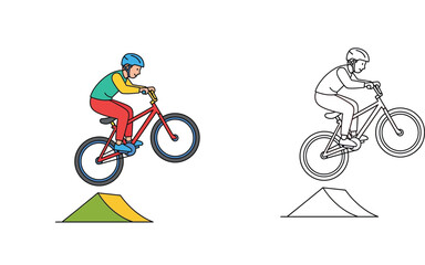 Naklejka premium oy jumping with a BMX bike over a ramp, colorful cartoon illustration and line art coloring page set for kids outdoor sports and leisure activity