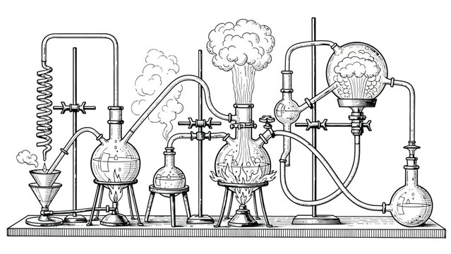 Laboratory experiment with beakers and flasks distillation process creating steam and chemical reactions scientific research laboratory equipment and apparatus detailed illustration.