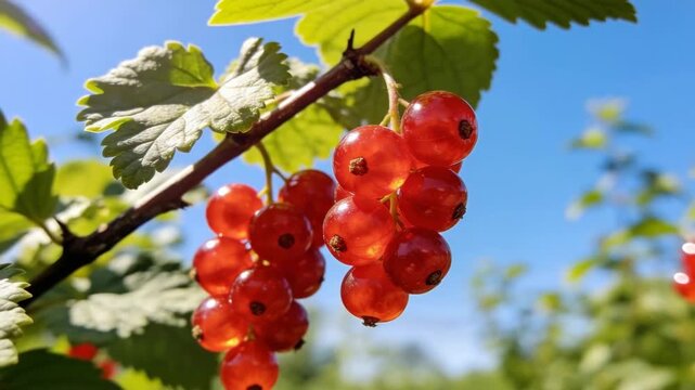 ripe red currants hanging on leafy branch under clear blue sky sunlight video