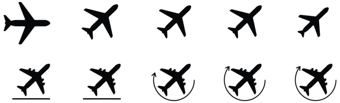 airplane icon set featuring multiple flight poses and travel symbols for aviation routes, airport services, transportation systems, and global travel design concepts, vector, designs
