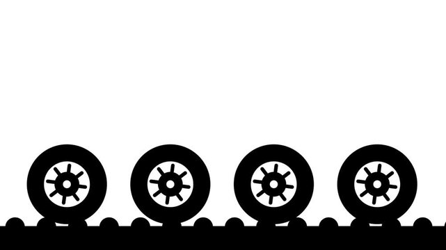 Four automotive wheels arranged in a row animation isolated on white background