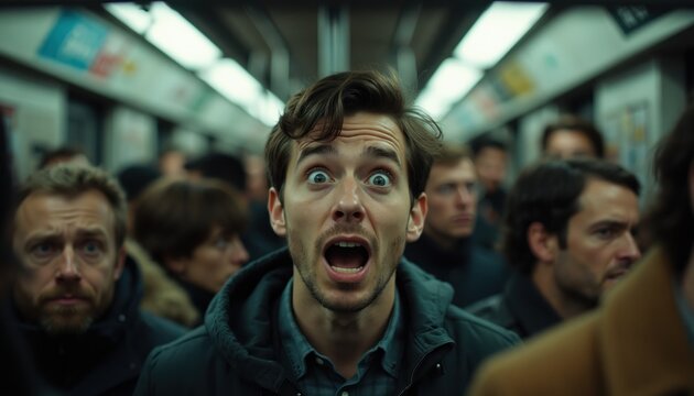 Man with wide eyes and open mouth in packed subway car. Overwhelmed commuters face urban transit stress. People crammed together in crowded public transportation.