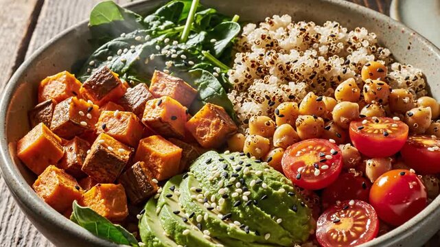 Healthy food bowl with sweet potato.
