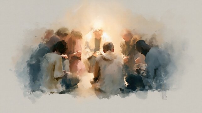 Diverse Christian Prayer Group Gathered in Soft Light, Watercolor Worship and Community Illustration