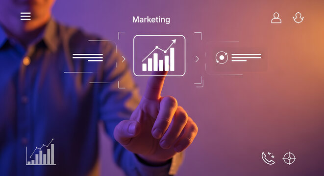 Hand Clicking Digital Marketing Button on Transparent Interface with Social Media Icons