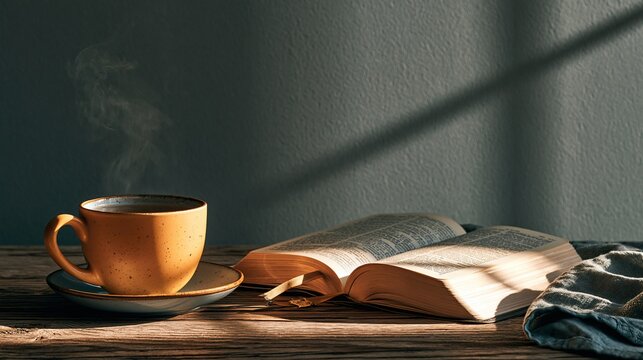 Warm Morning Bible Study with Coffee Cup, Peaceful Christian Devotional Still Life
