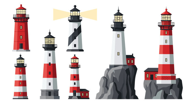 Set of various lighthouse designs in red, white, and black colors situated on coastal rocks and beaming bright light.