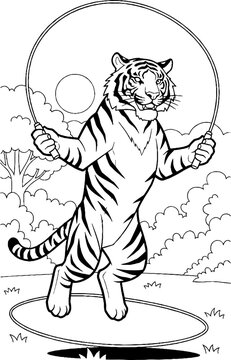Playful tiger jumping through circular hoop illustration.