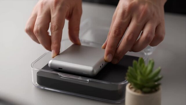 ESG Hands gadget packaging technology portable device storage box unboxing desk environmental social governance concept portable SSD external storage human hand desk modern technology minimal design