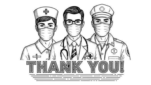 Group of professional medical workers including nurse and doctor wearing protective masks and scrubs to show appreciation for frontline healthcare heroes today.
