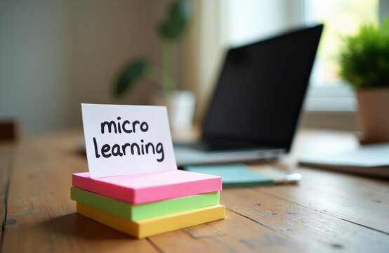 Micro learning note on desk with laptop. Small lesson content on sticky paper near computer. Fast learning strategy on workplace. Education and skill building.
