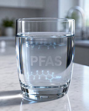 Un verre d'eau potable pos&eacute; sur un plan de travail de cuisine avec une superposition num&eacute;rique du texte "PFAS" et d'une structure mol&eacute;culaire. Concept de recherche sur la pollution de l'eau domestique