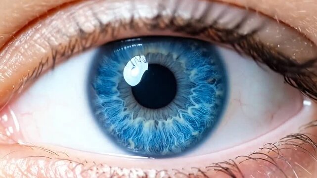 A detailed close up view of a bright blue human eye