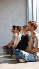 Obraz premium Diverse Group Practicing Mindfulness Meditation in Sunlit Studio Embracing Mental Wellbeing and Inner Peace