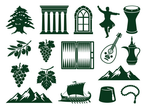 Lebanese Cultural Heritage Vector Icon Set with Cedar Tree, Baalbek Columns, Dabke Dancer, and Phoenician Ship Silhouettes