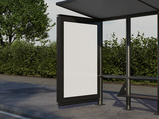 Realistic Front View Metal Frame Blank White Poster Mockup on Bus Stop Shelter 3D Rendering © impro-studio