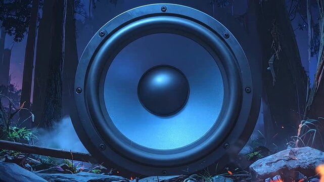 A large audio speaker sits in a dark mysterious forest setting
