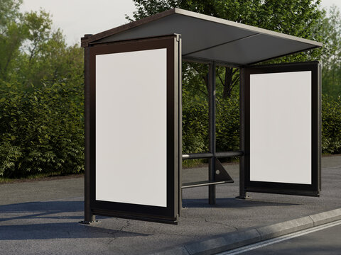 Realistic Front View Blank White Two Panel Poster Mockup on Bus Stop Shelter 3D Render