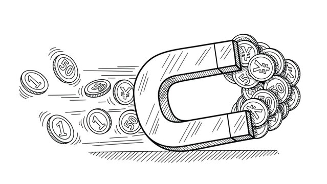 Horse shoe magnet attracting coins and currency symbols illustration representing financial attraction wealth creation and successful investment strategy.
