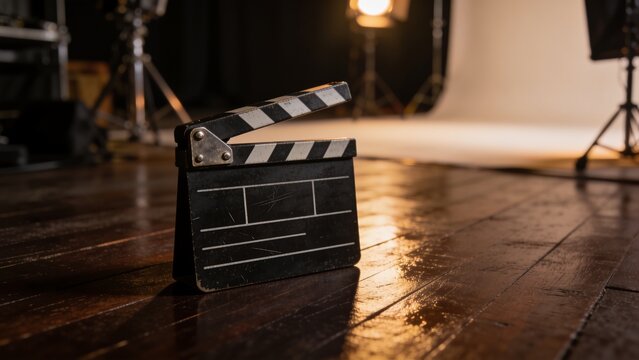A close-up of a vintage black movie clapperboard on a dark wooden studio floor, featuring a realistic worn texture and metallic hinge details. Warm tungsten lighting creates dramatic highlights and so