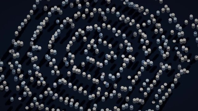 Seamless 4K loop of a glowing gold futuristic city skyline of procedural towers and data-blocks assembling from light drifting in hypnotic slow motion.