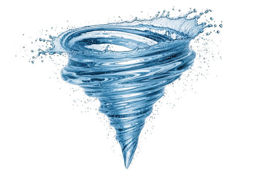 Dynamic swirling vortex of clear blue water with splashing droplets and rippling liquid motion patterns isolated on a transparent background