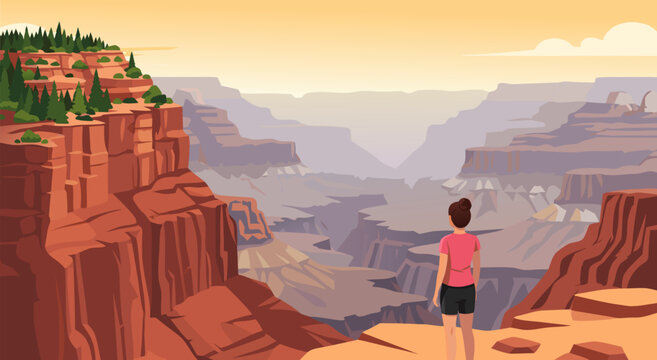 Hiker standing at the edge of a vast canyon overlook vector illustration capturing the grand desert landscape and natural beauty of geological formations
