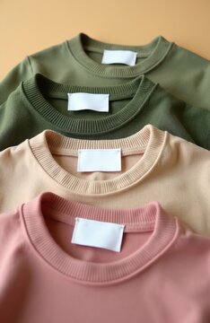 Three blank clothing tags on soft pastel long sleeve shirts made of cotton fabric. Round neck pullovers in green peach and pink hues. Ready for branding.