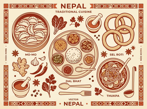 Traditional Nepal Cuisine Vector Illustration Featuring Mo-Mo, Dal Bhat, Sel Roti, and Thukpa with Spices and Ethnic Border; Vintage Style Nepalese Food Poster
