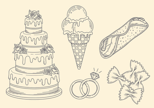 Vintage Hand-Drawn Illustration Set of Wedding Cake, Ice Cream, Wedding Rings, Cannoli, and Farfalle Pasta