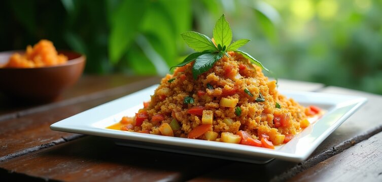 Pile of Sri Lankan kottu roti made with chopped flatbread tomatoes and spices garnished with fresh green herbs. Served on white square plate with wooden table background.