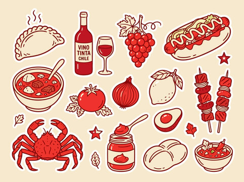 Chilean Food and Drink Sticker Set: Traditional Cuisine Icons including Empanada, Red Wine, Completo Hot Dog, Anticuchos, and Seafood for Menu Design and Cultural Projects